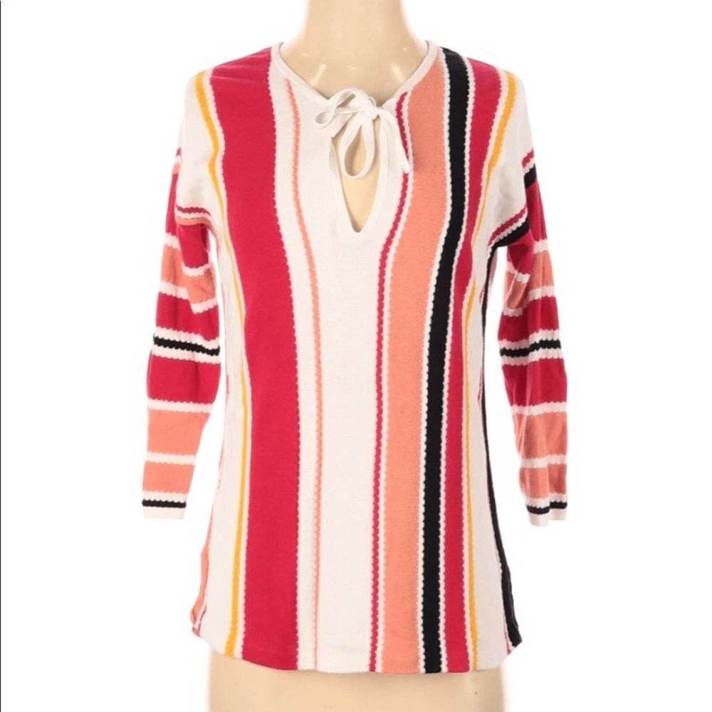 Loft Striped Tie Neck Cotton Sweater Size XS